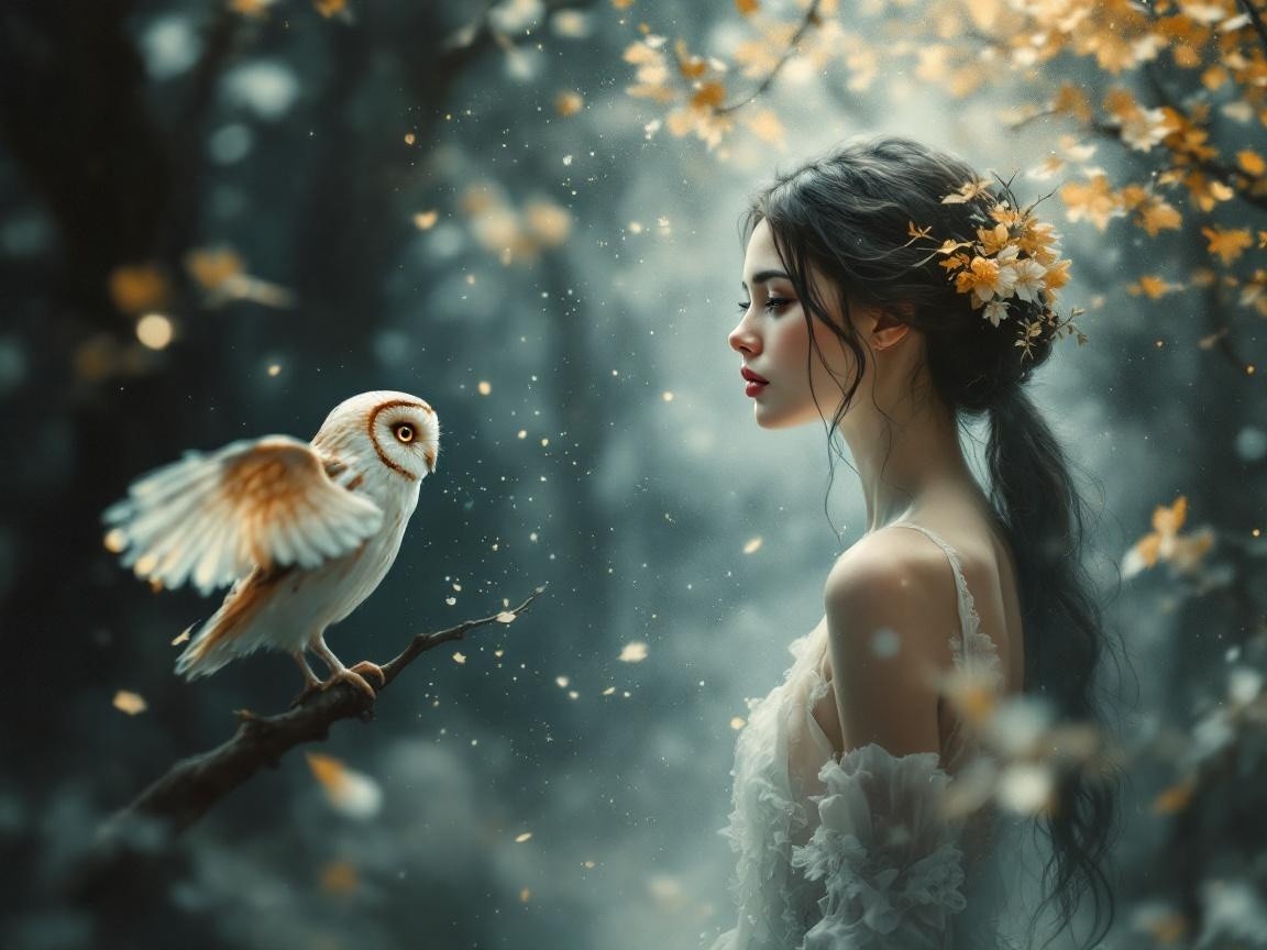 Young woman in mystical forest with owl and flowers