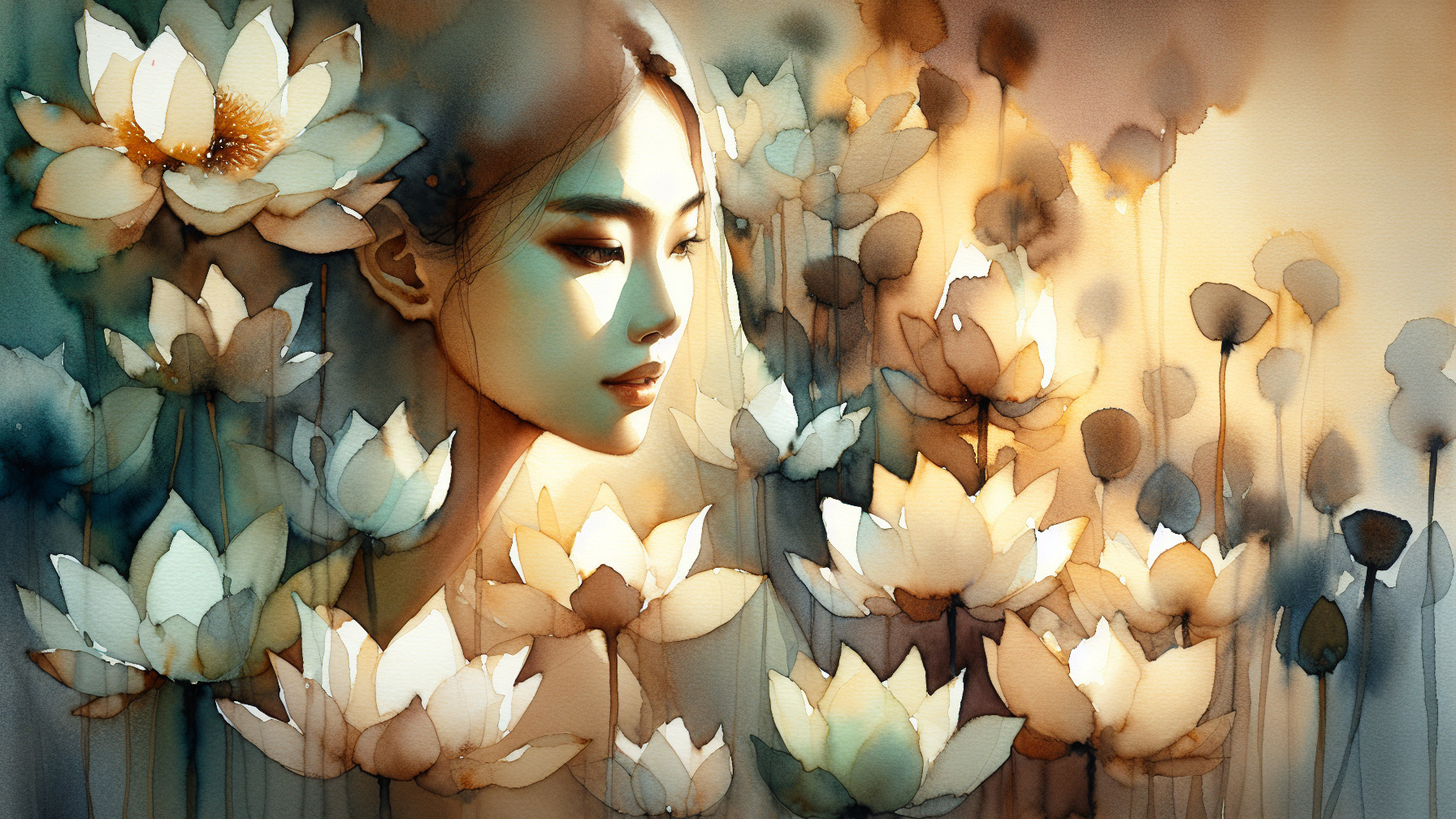 Watercolor Portrait of a Serene Woman with Lotus Flowers