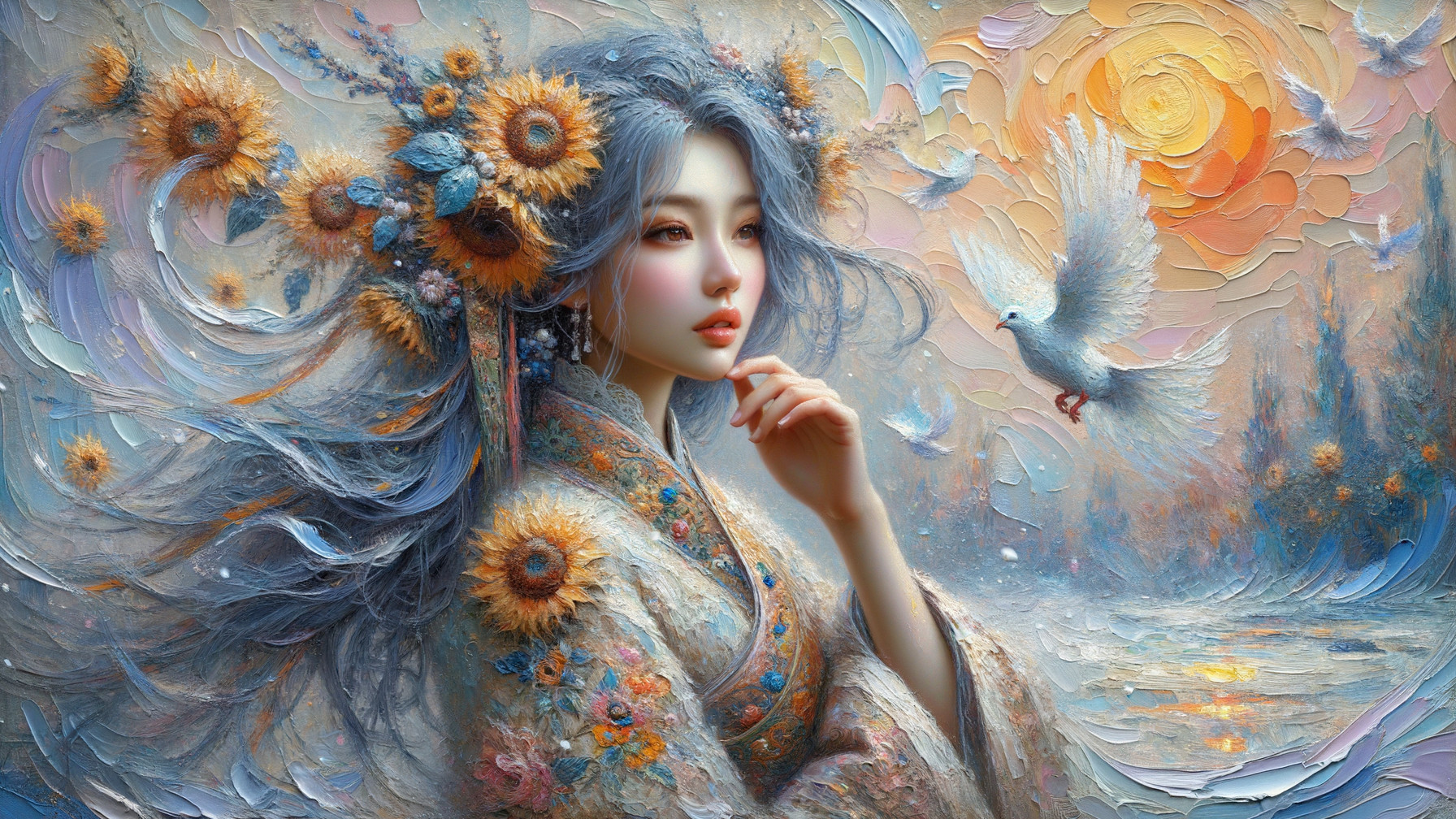 Woman in Kimono Surrounded by Sunflowers at Sunrise