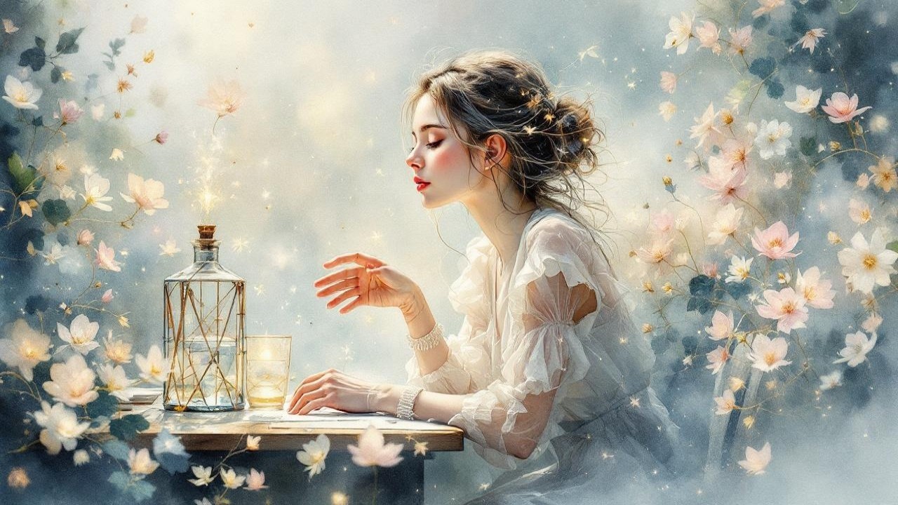 Young woman at a table with flowers and lanterns