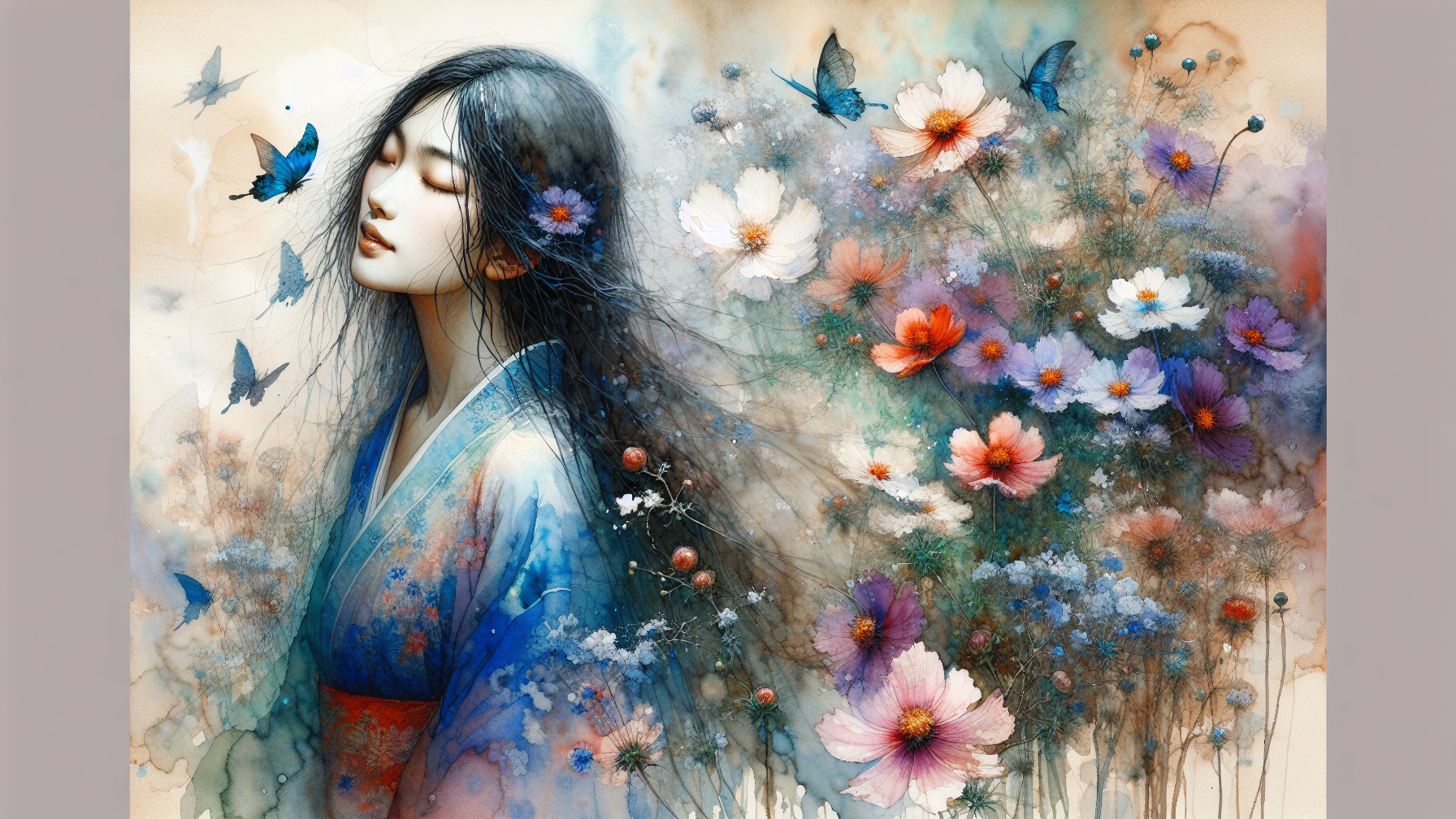 Serene woman in blue kimono among vibrant flowers