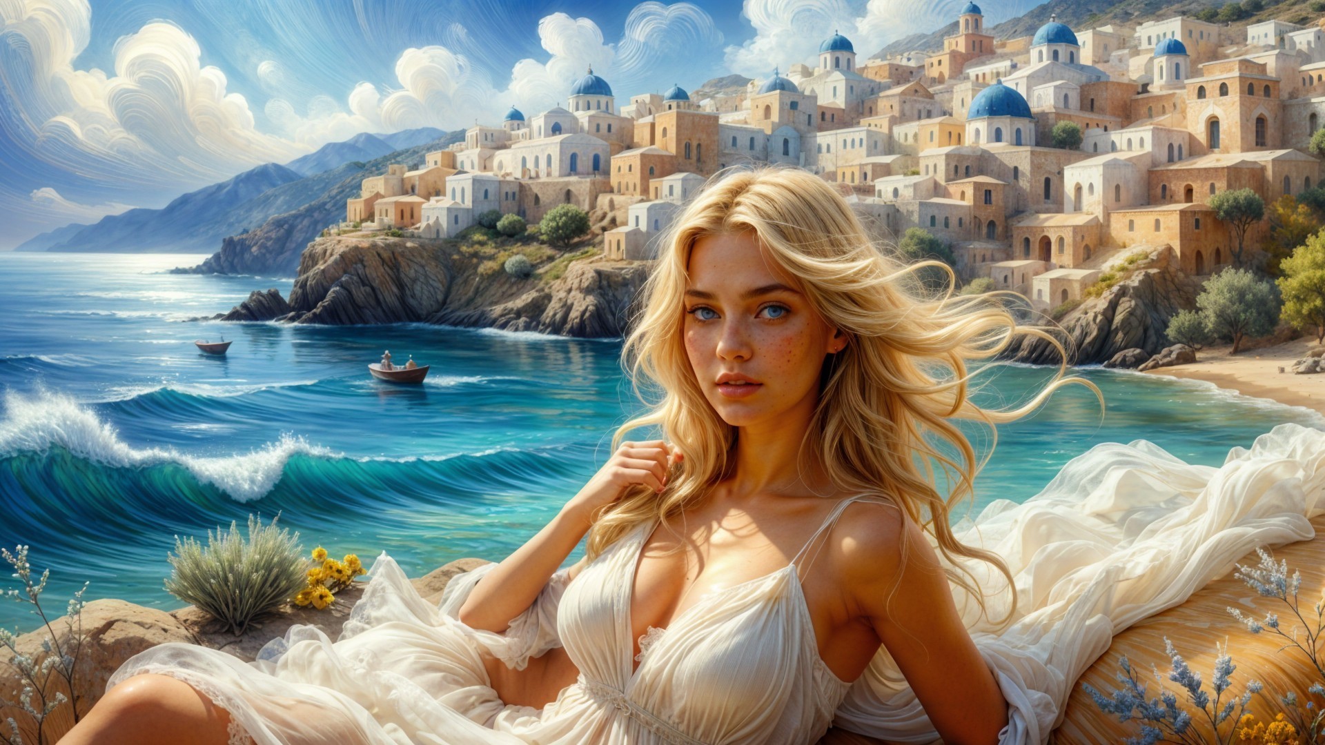 Coastal Scene with Woman and Picturesque Village