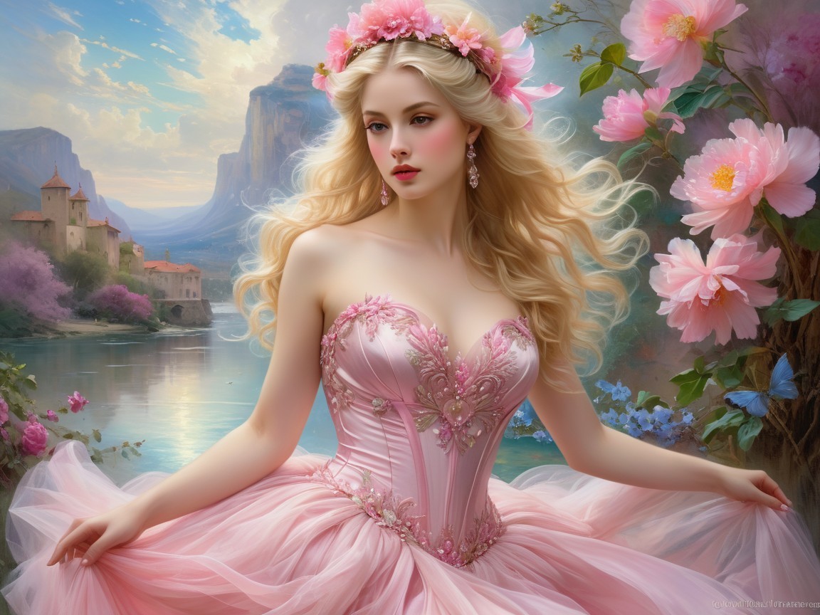 Young Woman in Pink Gown in Enchanting Landscape