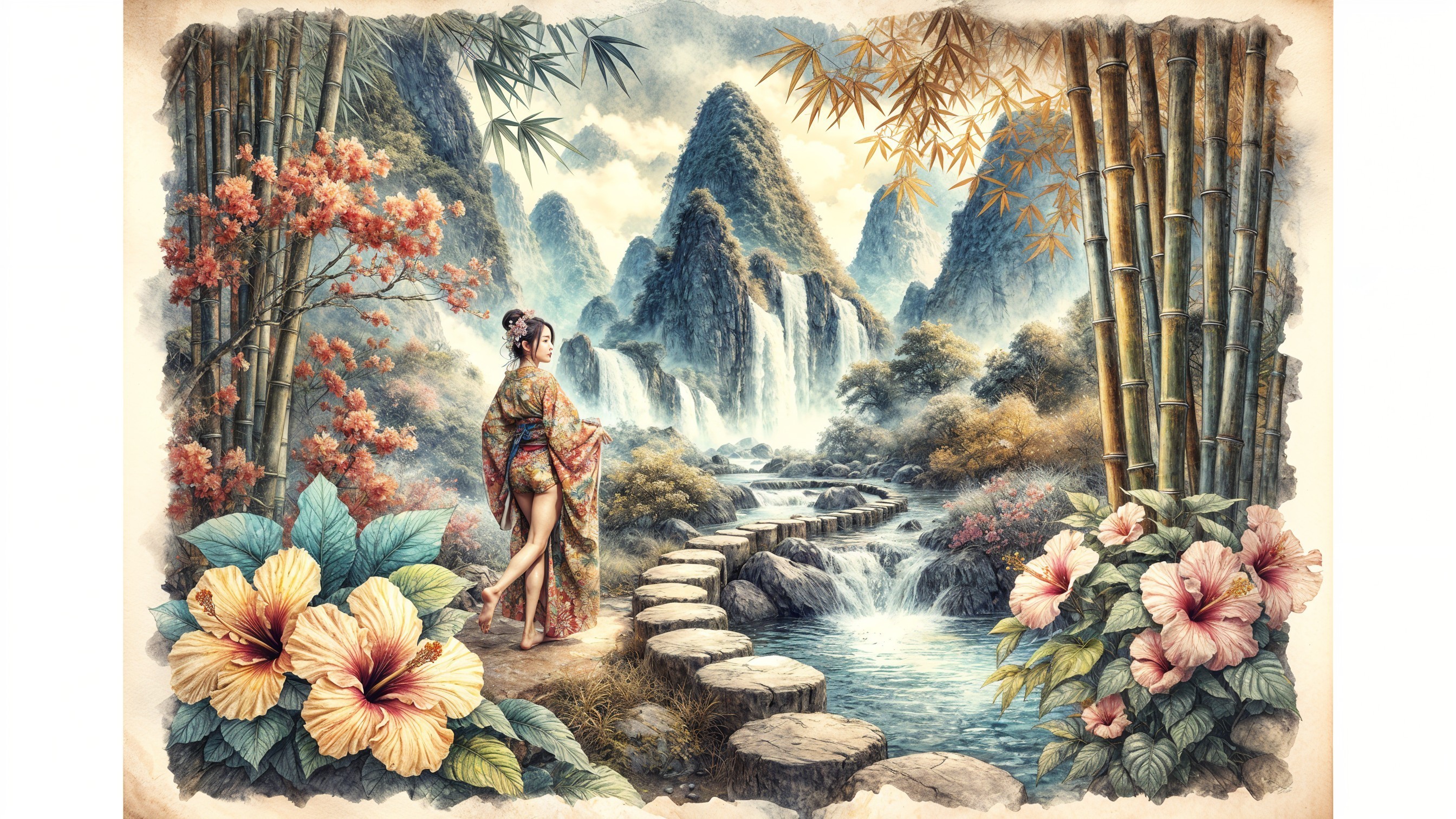 Serene Landscape with Woman in Colorful Kimono