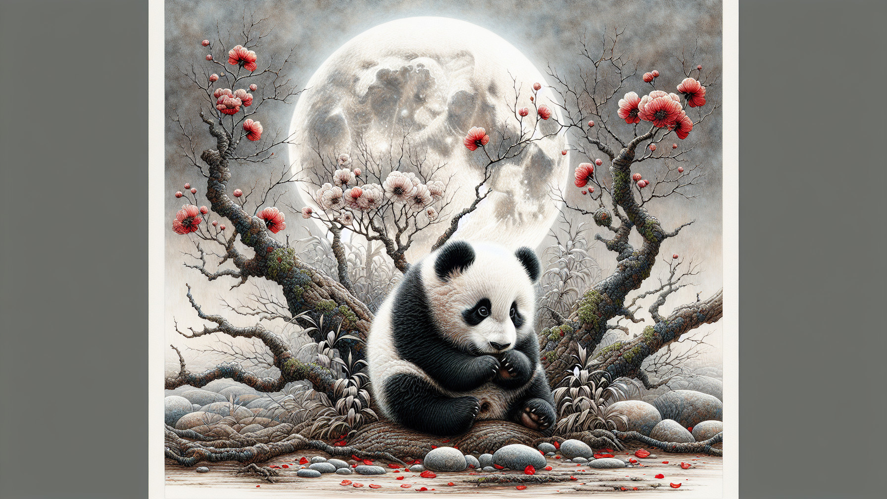 Panda Among Cherry Blossoms and Luminous Moonlight