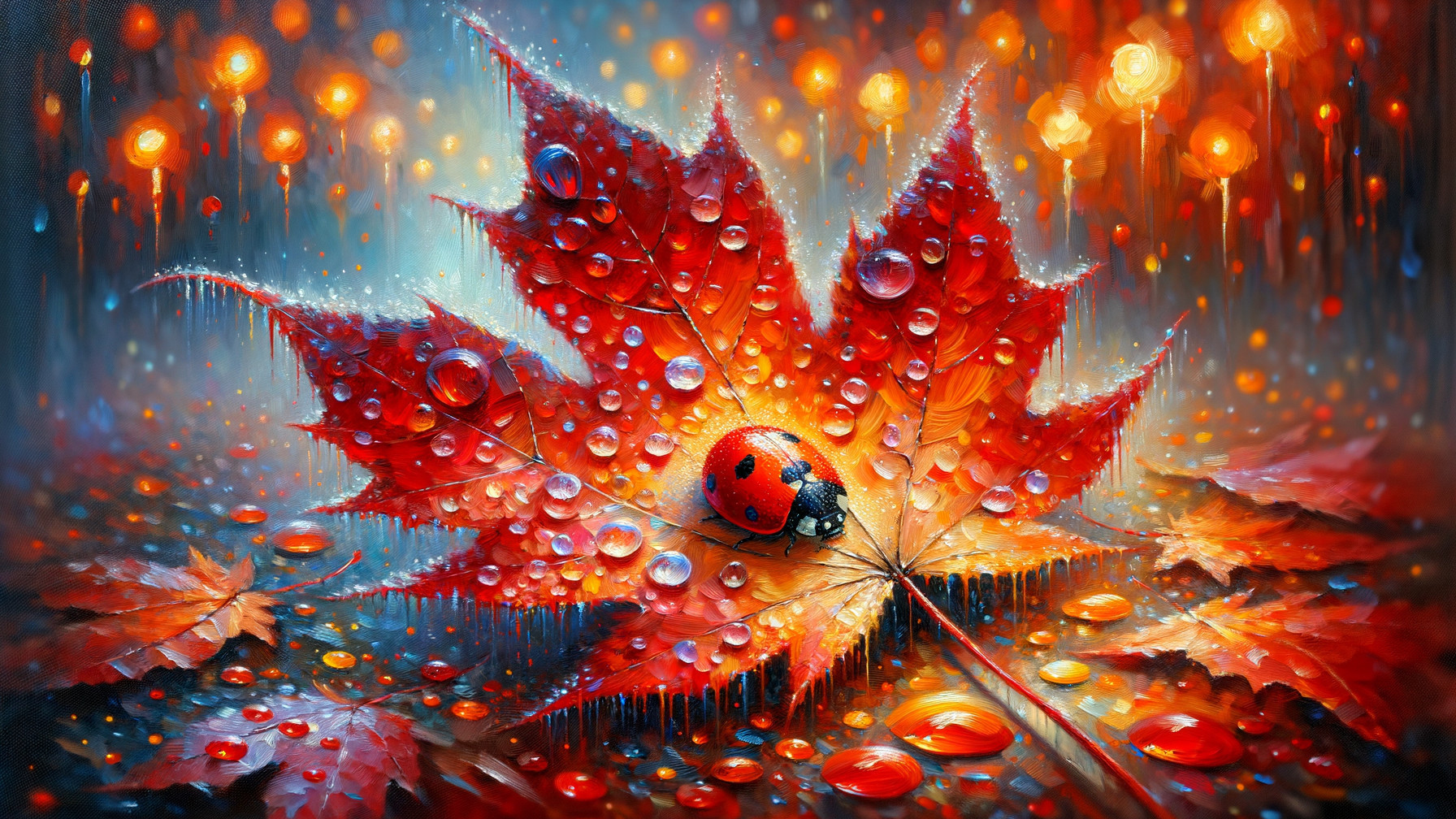 Red Maple Leaf with Raindrops and Autumn Background