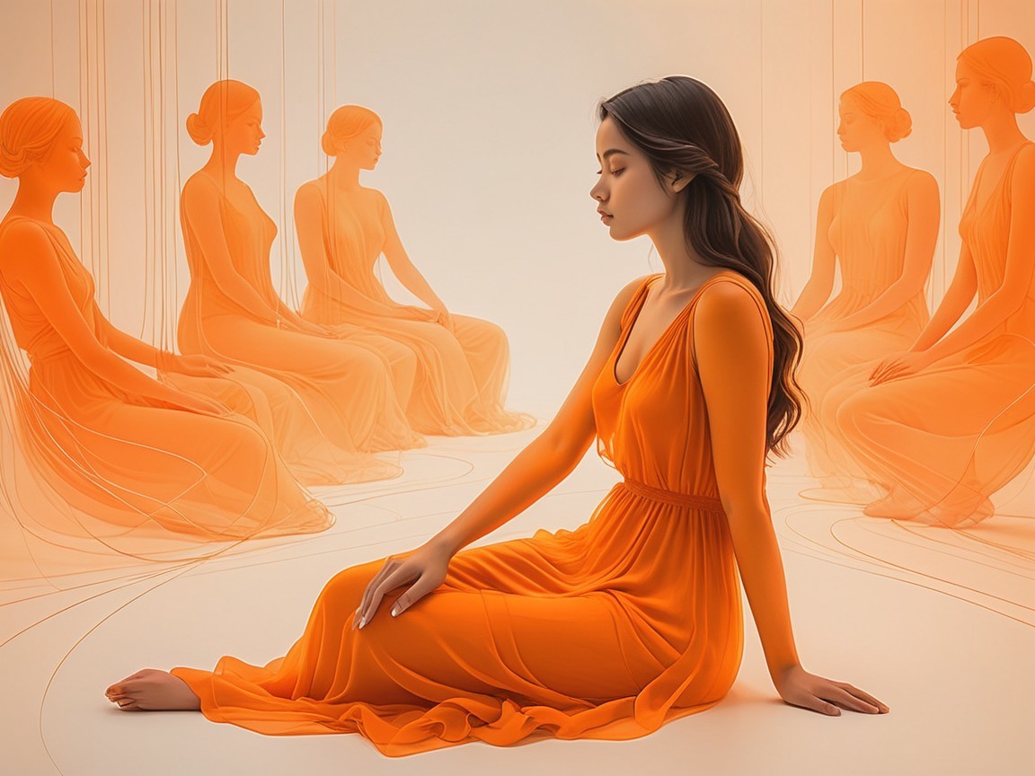 Contemplative Woman in Flowing Orange Gown with Silhouettes