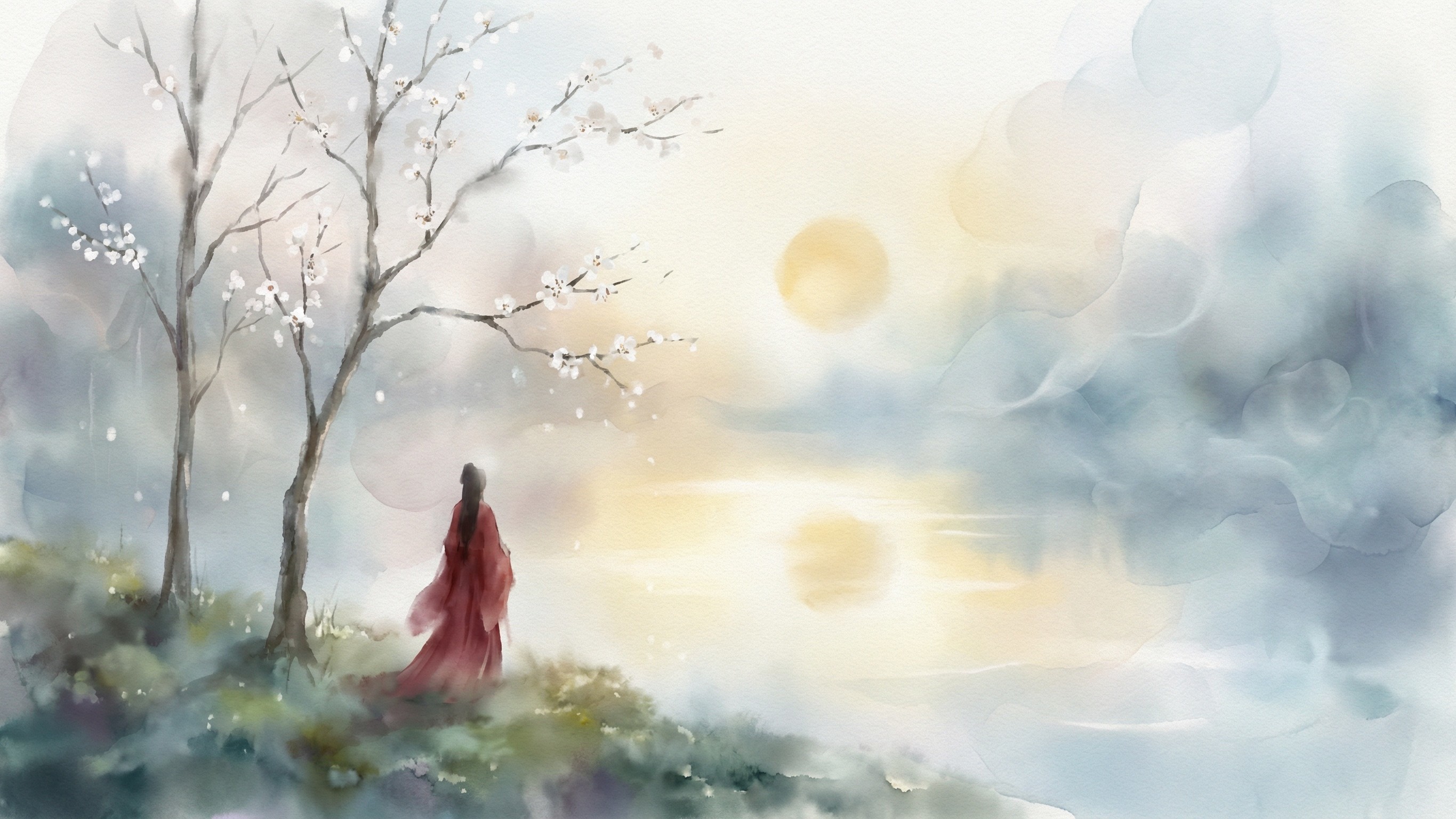 Watercolor Painting of a Woman in Surreal Landscape
