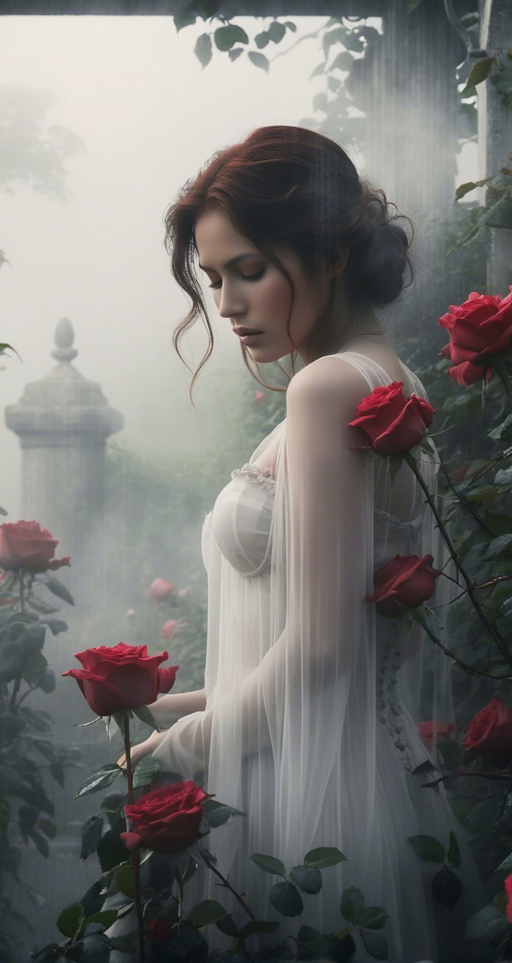 Serene woman in white dress among lush red roses