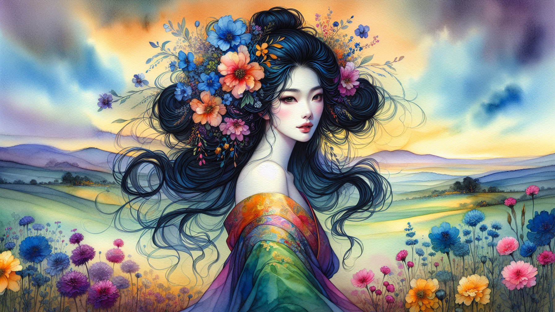 Ethereal Woman in Colorful Dress Amidst Vibrant Landscape