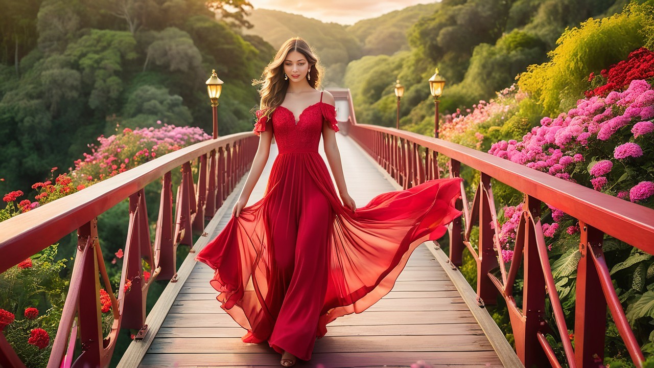 Woman in Red Gown on Scenic Flower-Laden Bridge