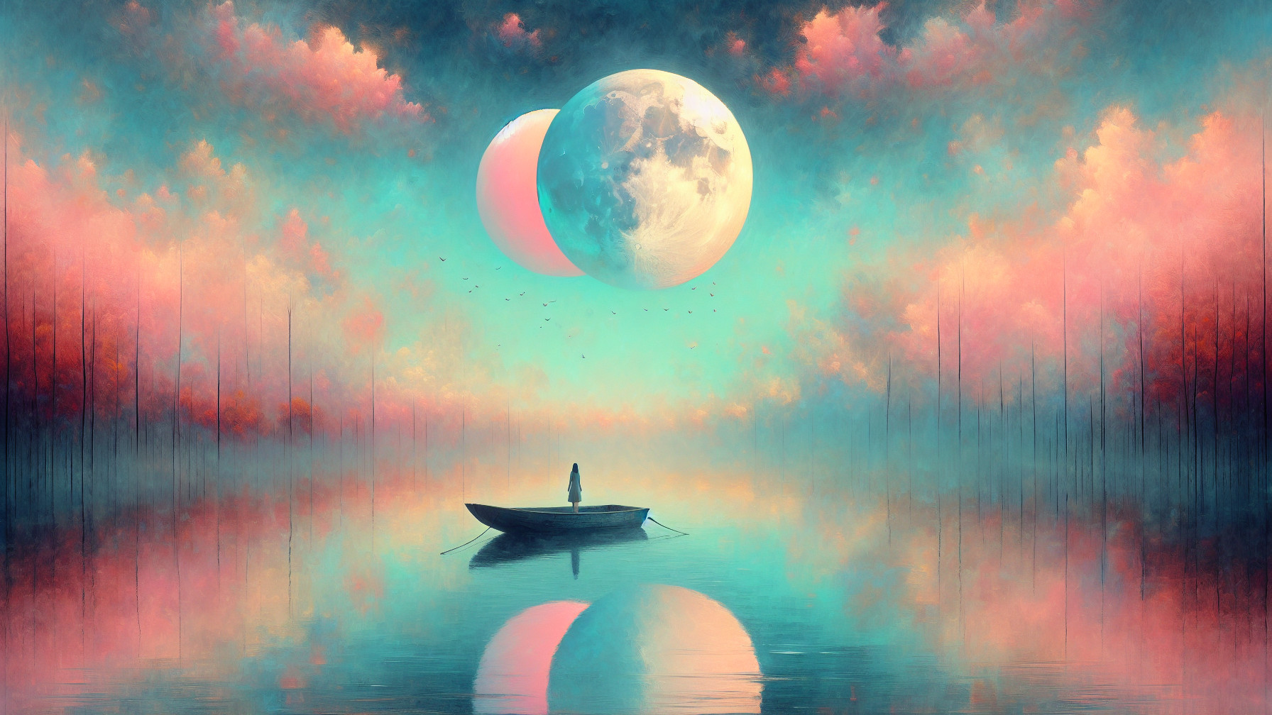 Serene Landscape with Boat and Two Moons Reflection