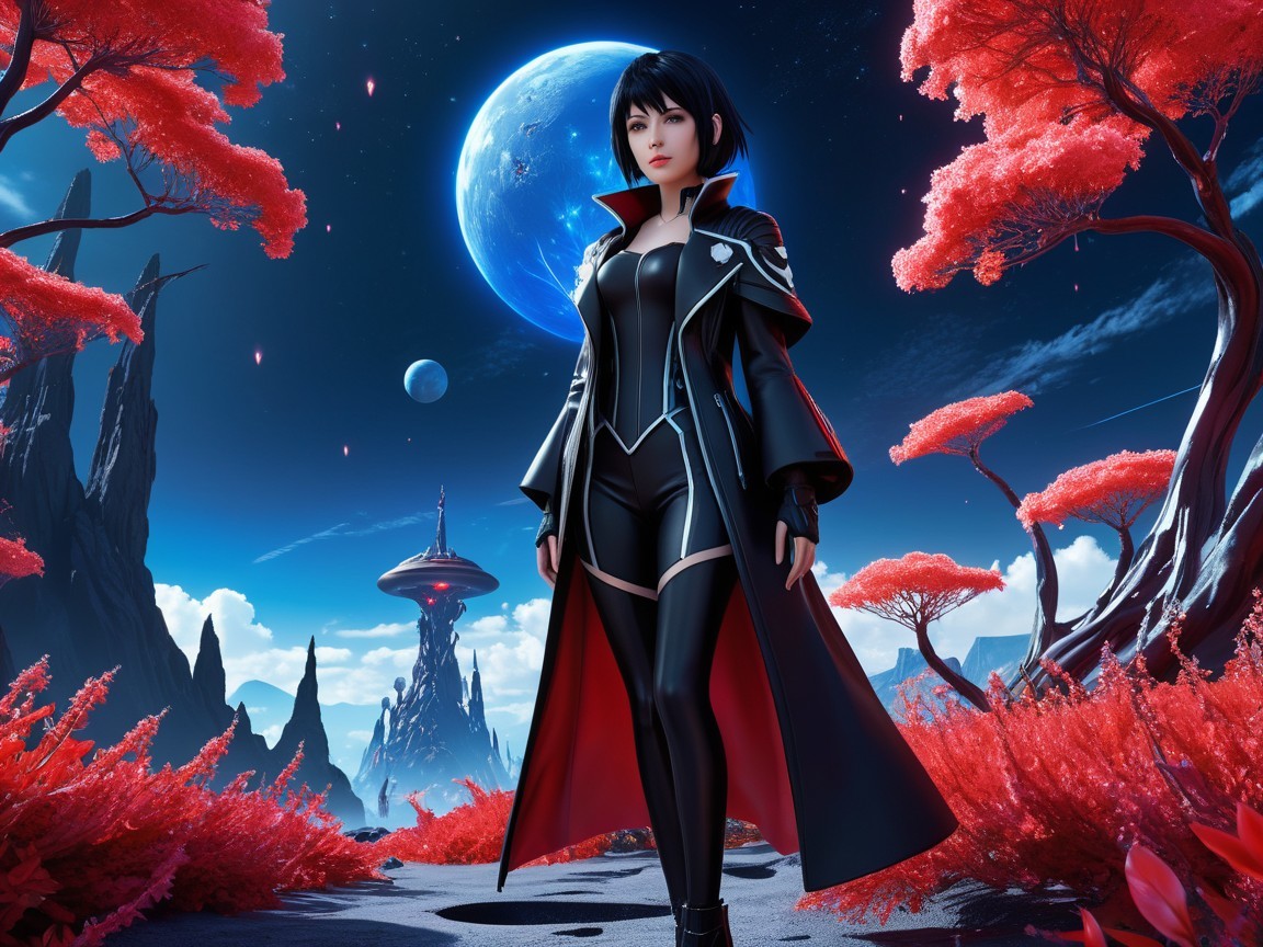 Futuristic female character in otherworldly landscape
