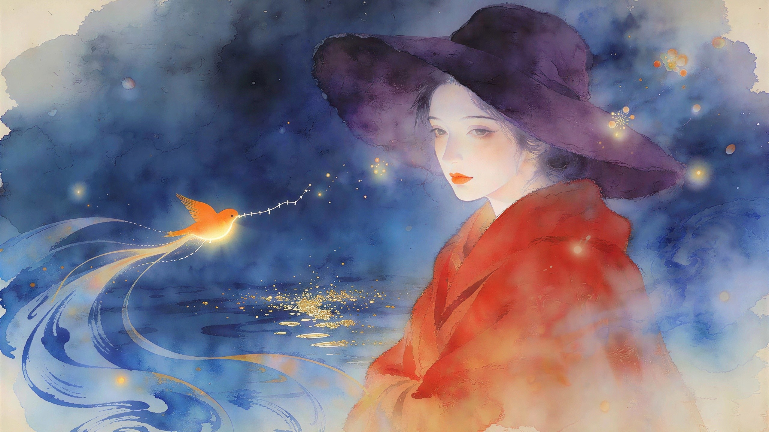 Elegant Woman in Red Coat with Soaring Orange Bird