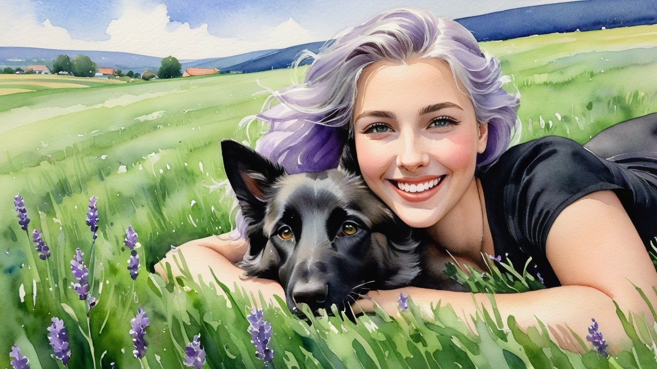 Young woman with lavender hair in a green field