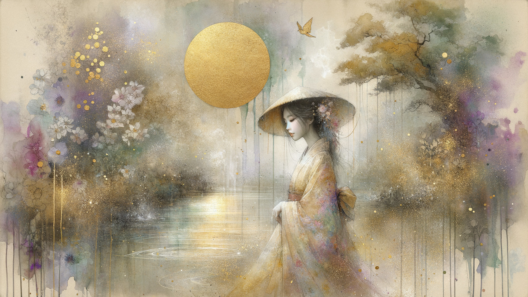 Ethereal Landscape with Pastel Colors and Tranquil Woman