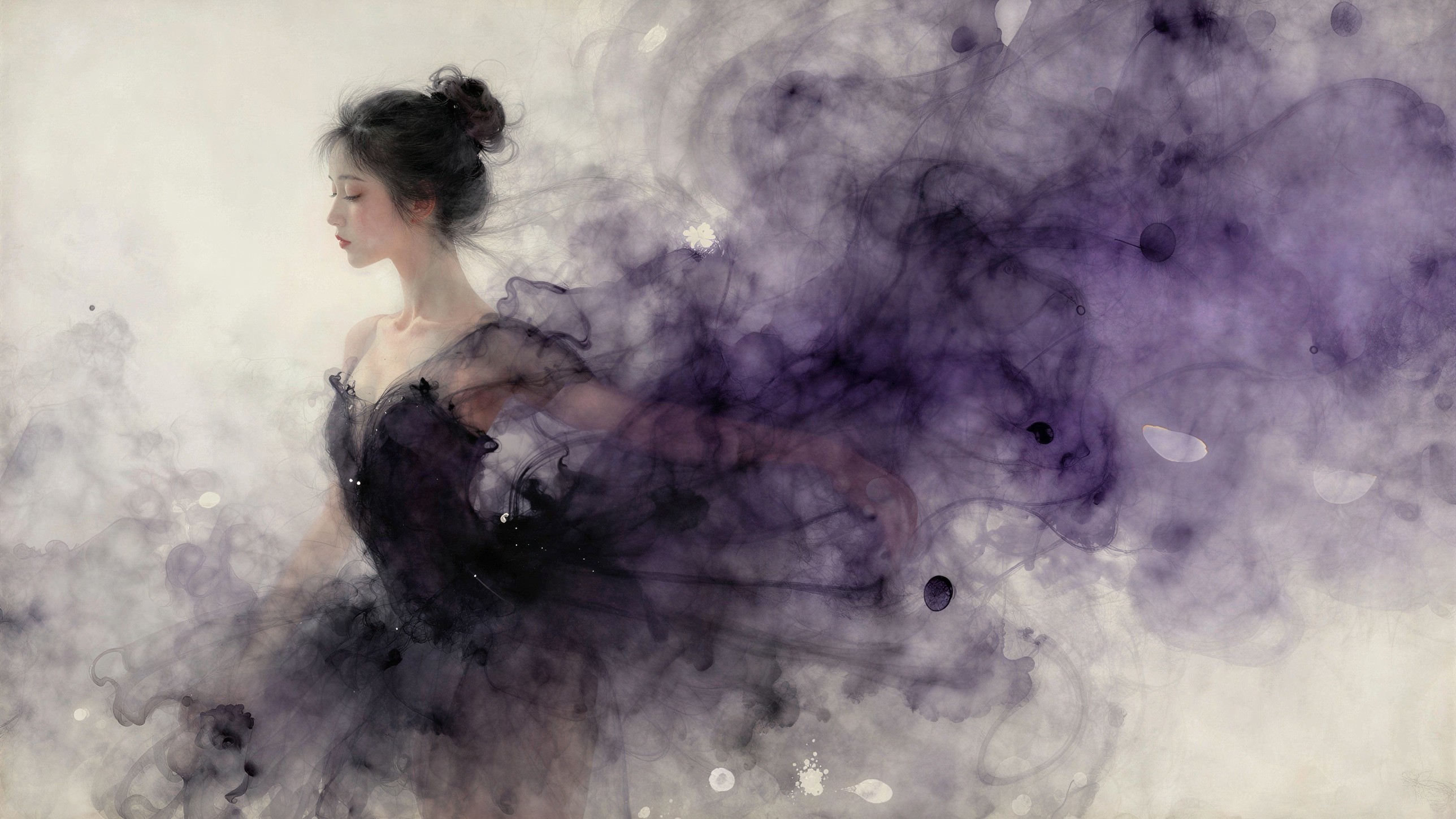 Side Profile of Woman in Black Dress with Purple Smoke