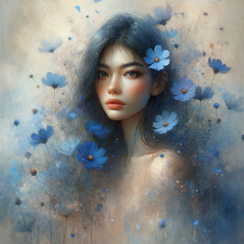 Portrait of a Young Woman Surrounded by Blue Flowers