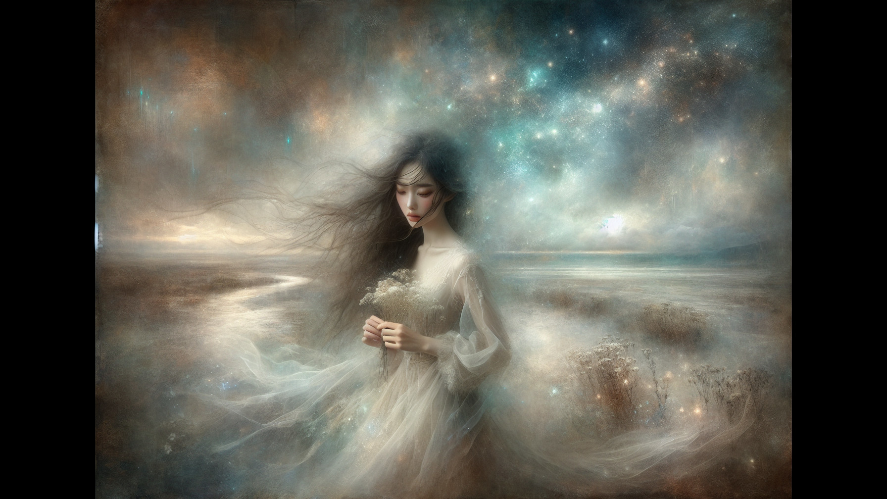 Dreamlike Figure by Serene Waterway at Twilight
