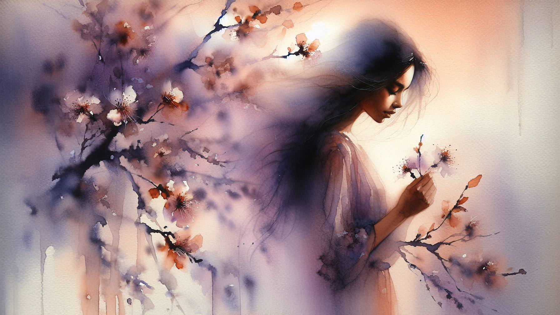 Watercolor Painting of a Woman Among Blossoms