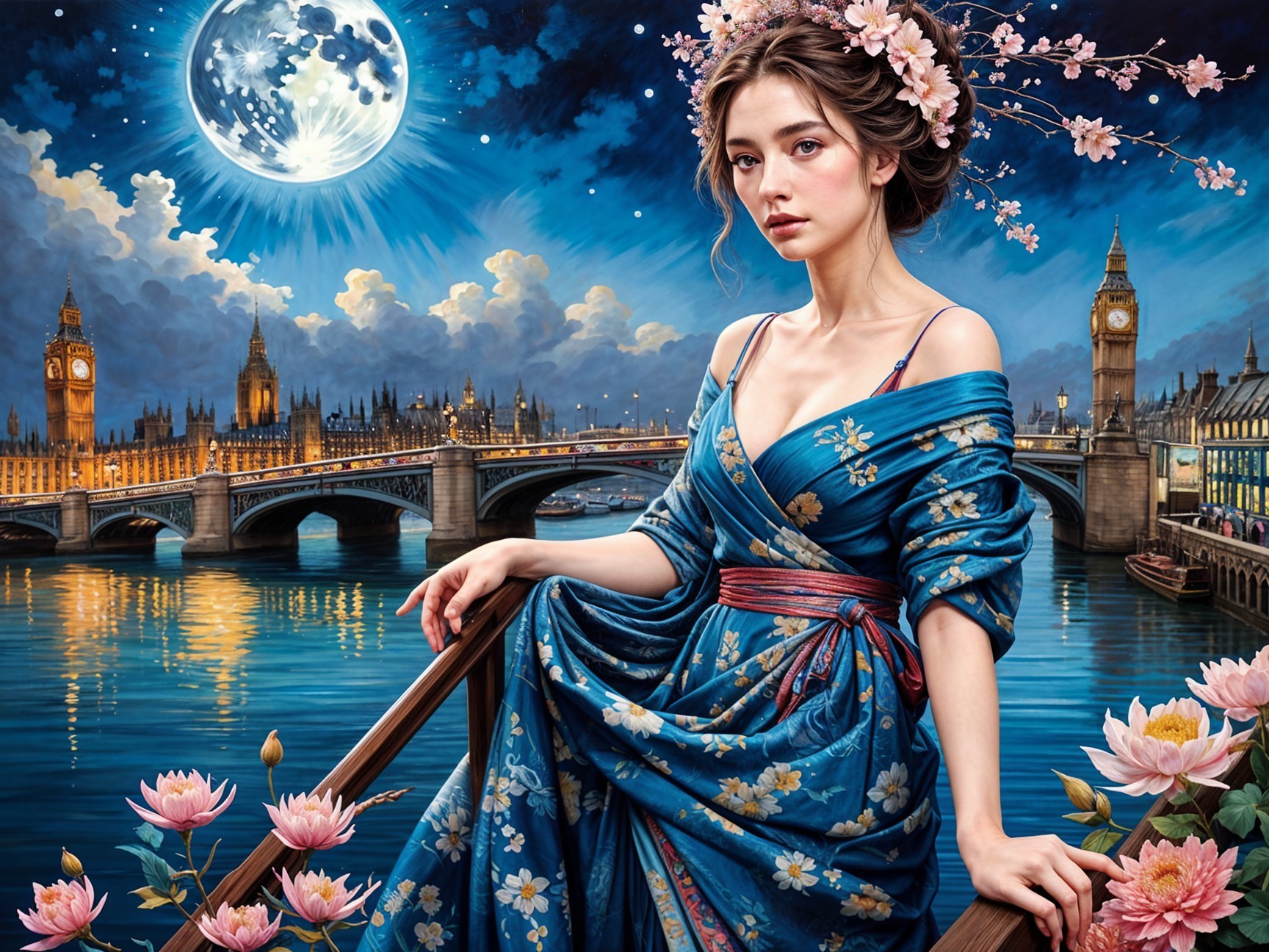 Young woman in blue kimono on boat with London skyline
