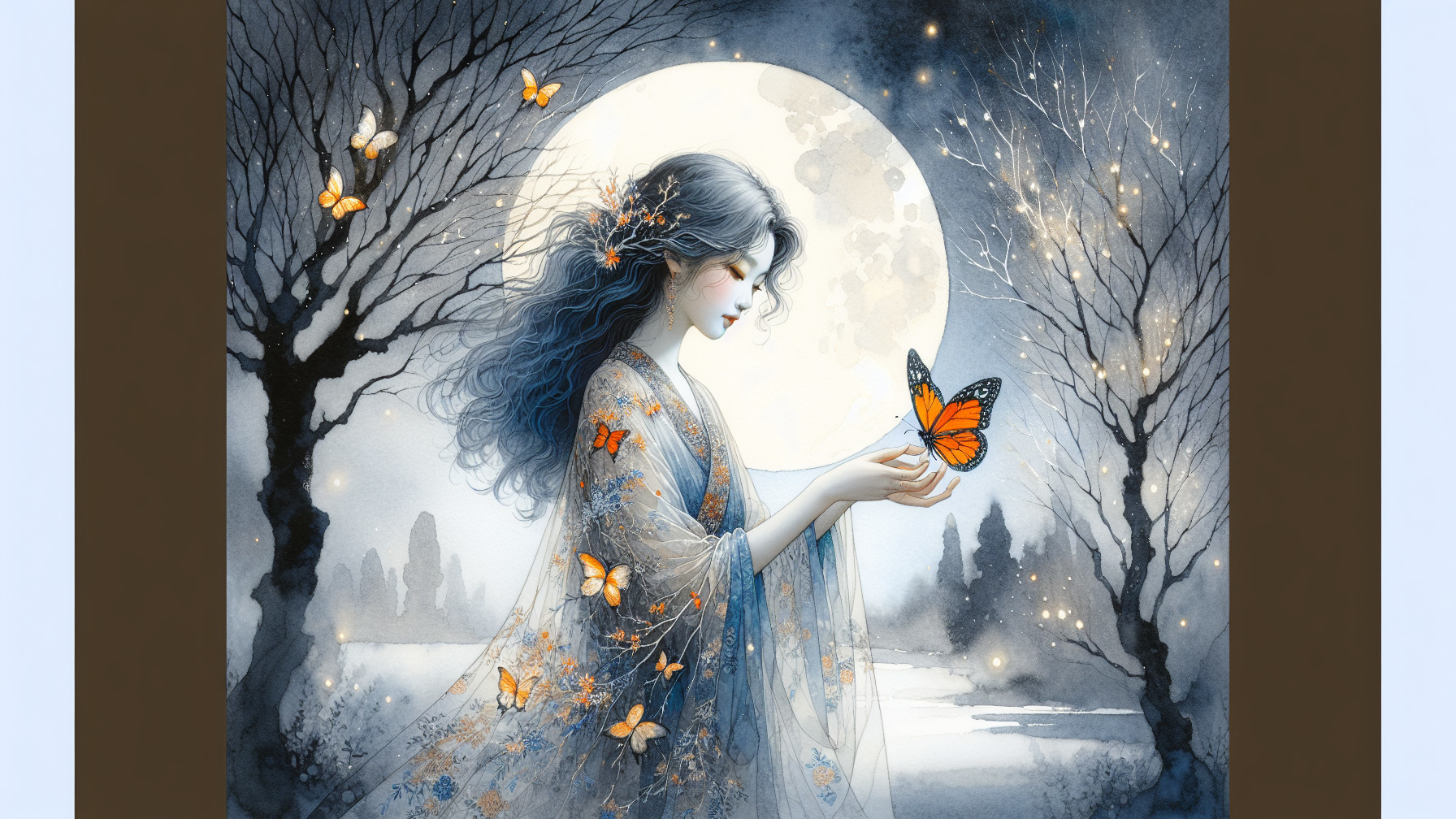 Ethereal Scene of Woman with Blue Hair and Butterflies