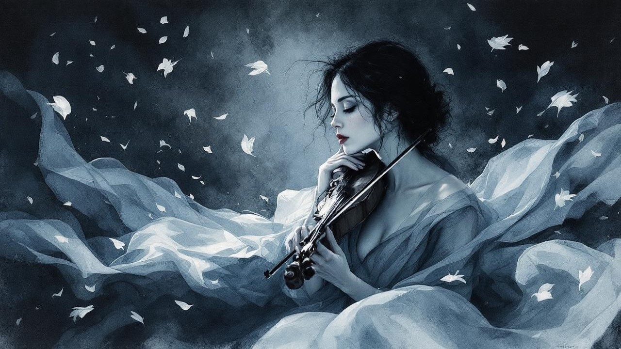 Mystical Scene of Woman with Violin and Falling Leaves