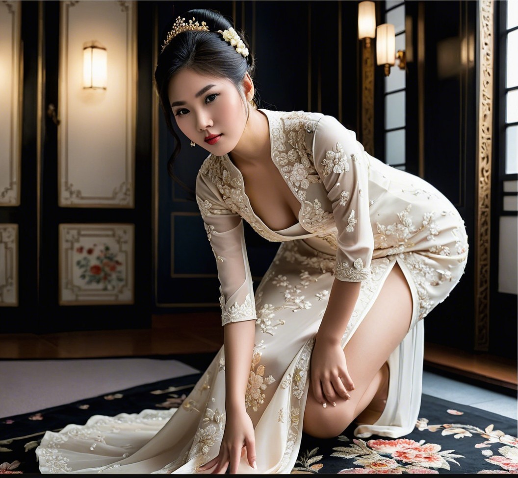 Young Woman in Elegant Beige Dress on Decorative Rug
