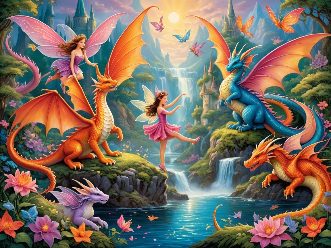 Fairies and Dragons in a Fantasy Waterfall Scene
