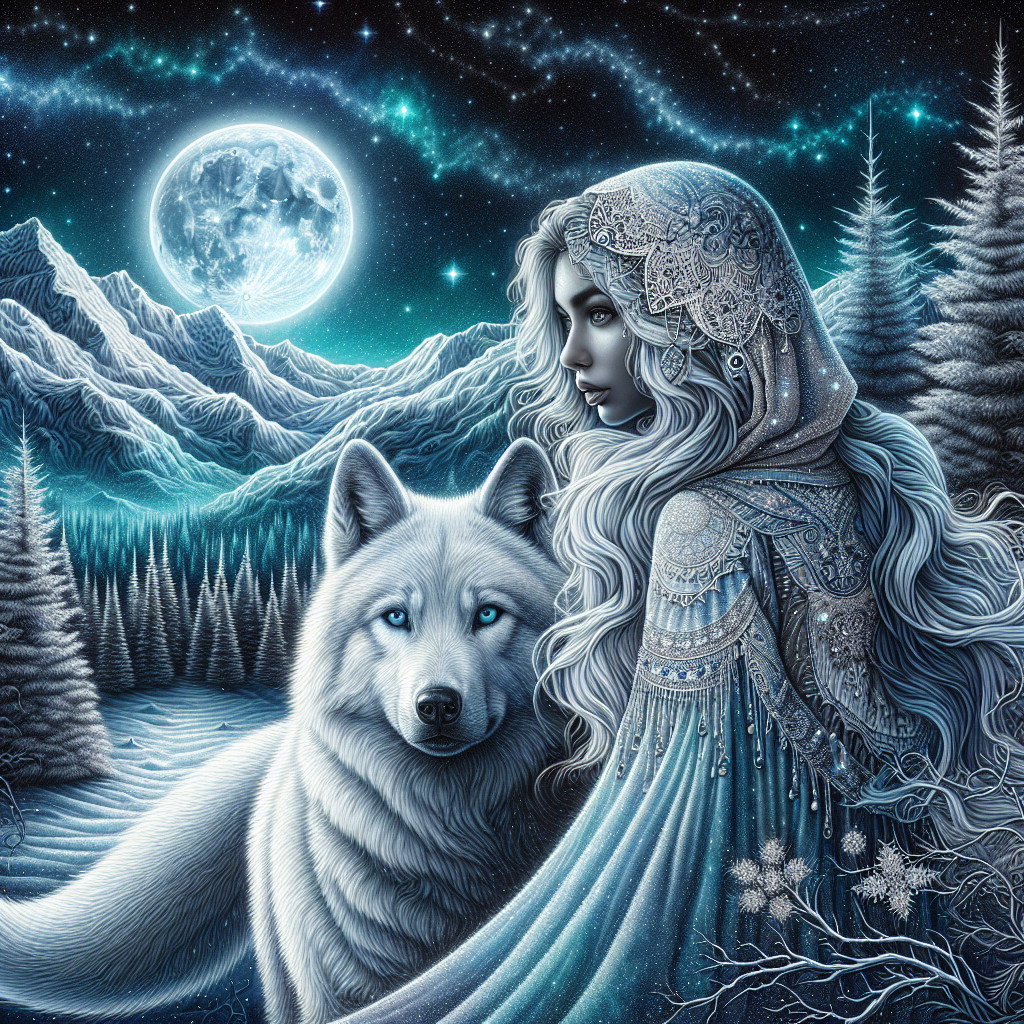 Mysterious Woman and Wolf Under Full Moon in Winter