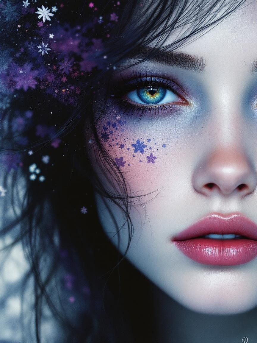 Close-Up of a Female Face with Floral Patterns