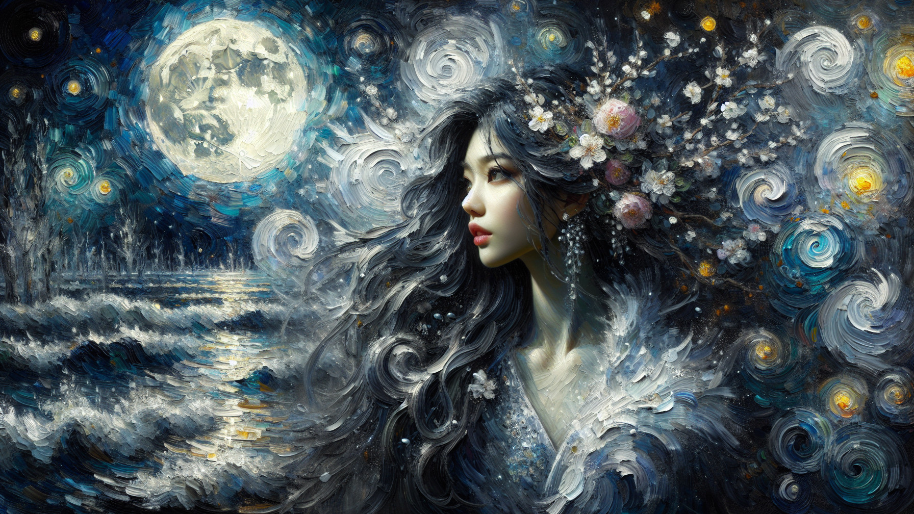 Serene Woman with Flowers Gazing at Full Moon