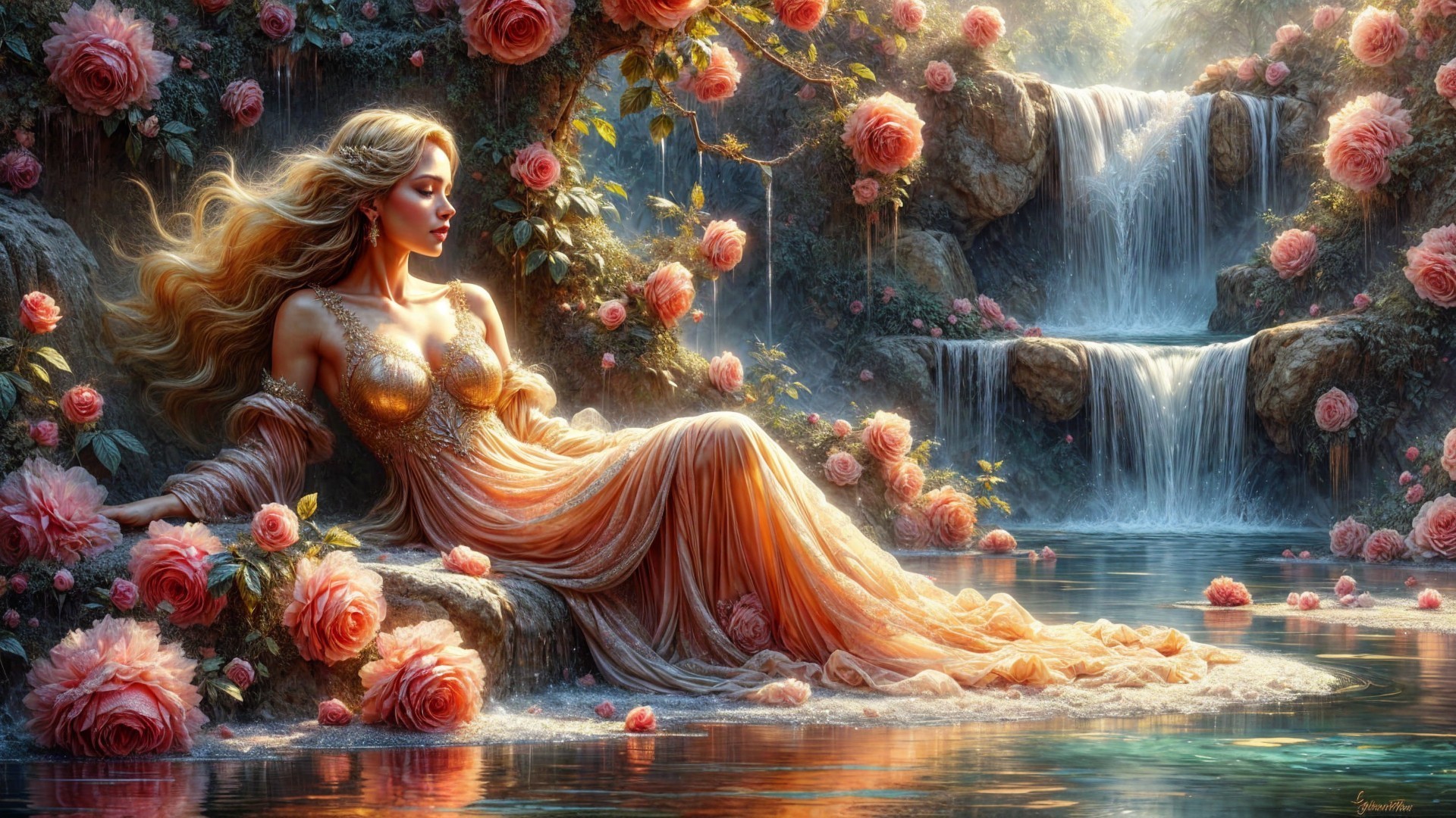 Woman in gown by waterfall and rose bushes