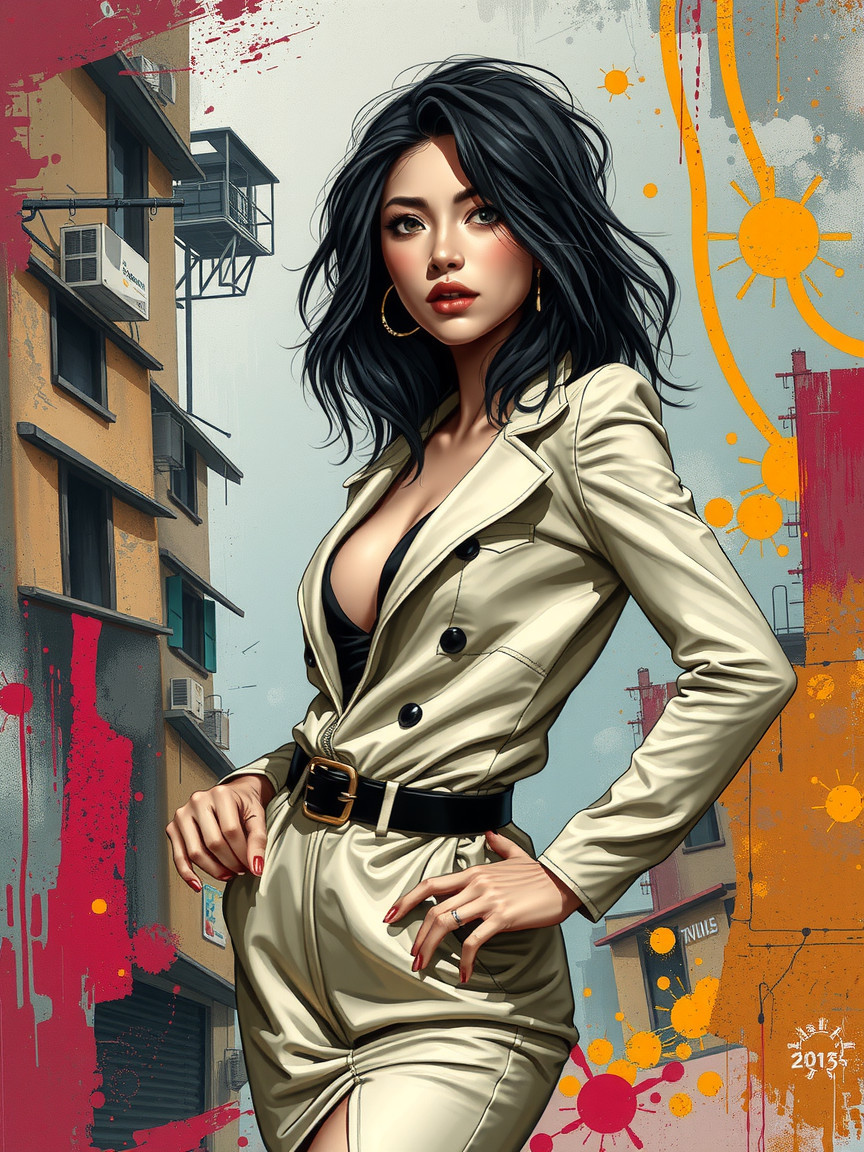 Stylish Woman in Light Outfit Against Urban Backdrop