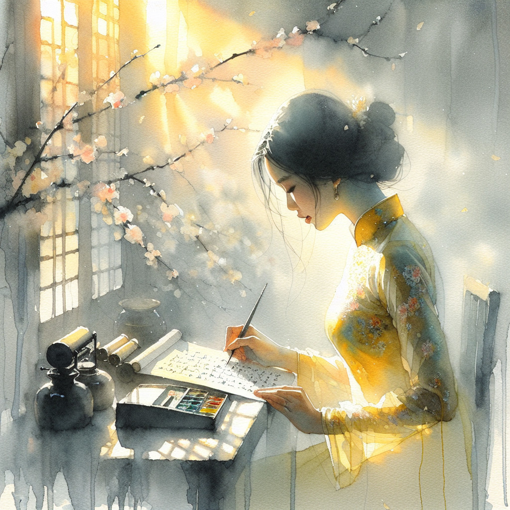 Young woman in yellow dress writing at sunlit table