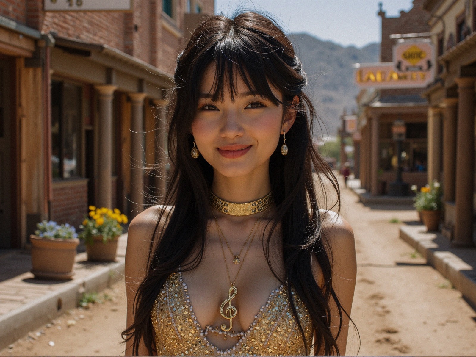 Young Woman in Gold Outfit on Western Street