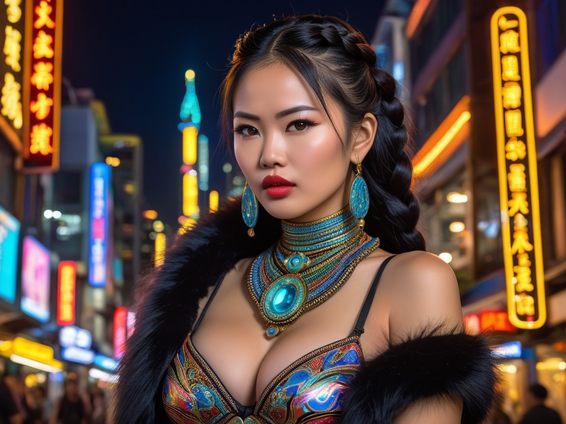 Confident Woman in Vibrant Urban Neon Setting