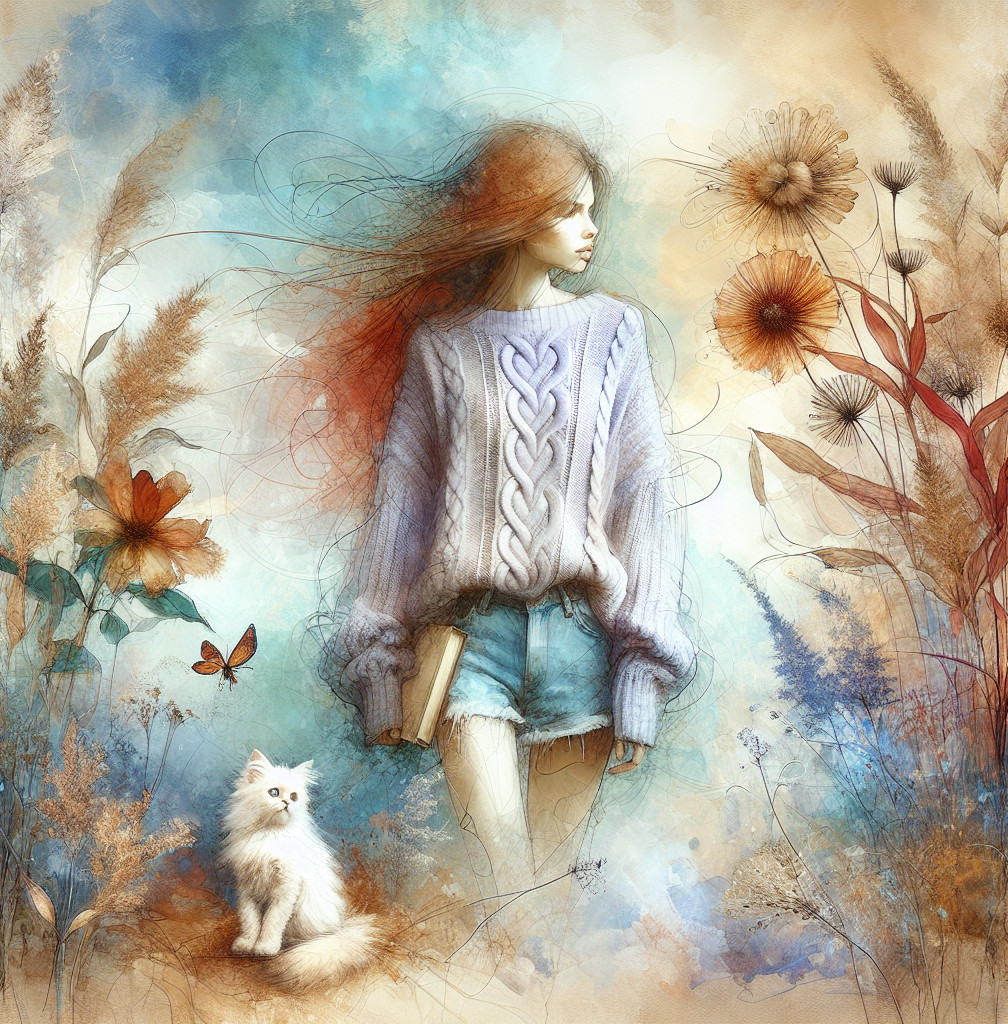 Ethereal Landscape with Girl, Flowers, and Cat