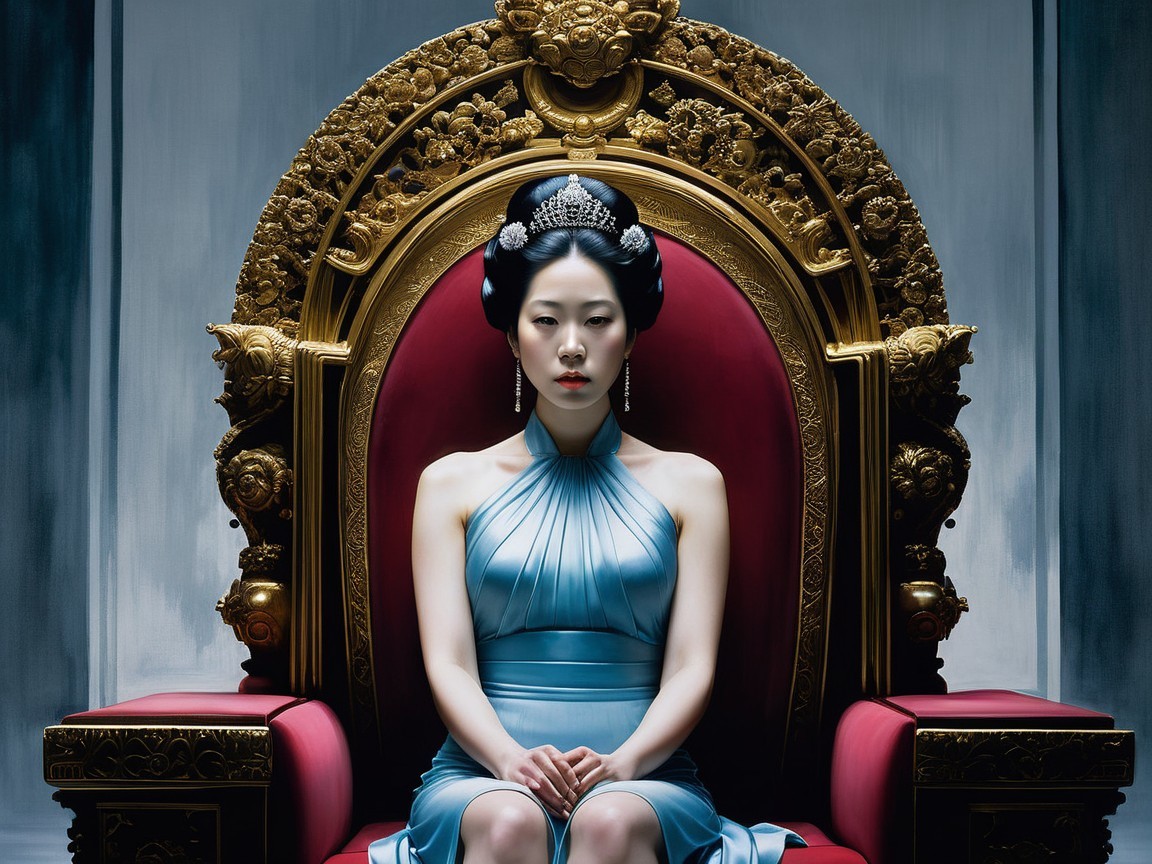 Regal Figure on Ornate Golden Throne in Blue Gown