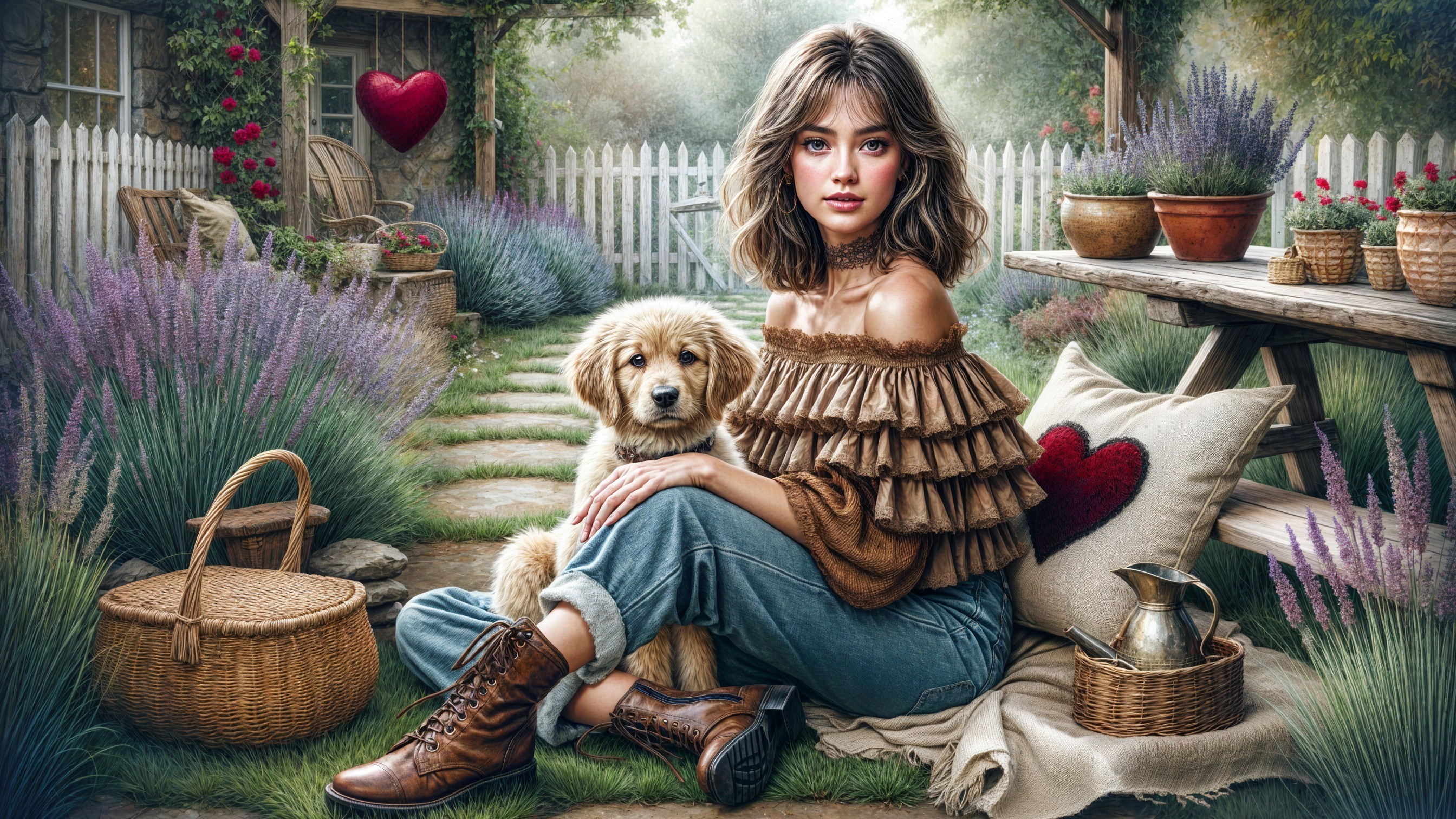 Young woman and puppy in a vibrant garden setting