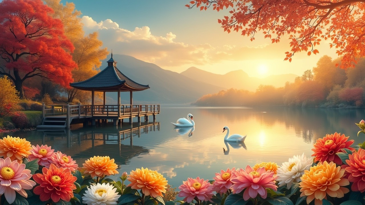 Lakeside Sunset with Pavilion and Swans in Autumn