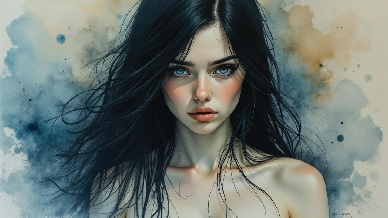 Portrait of a Young Woman with Black Hair and Blue Eyes