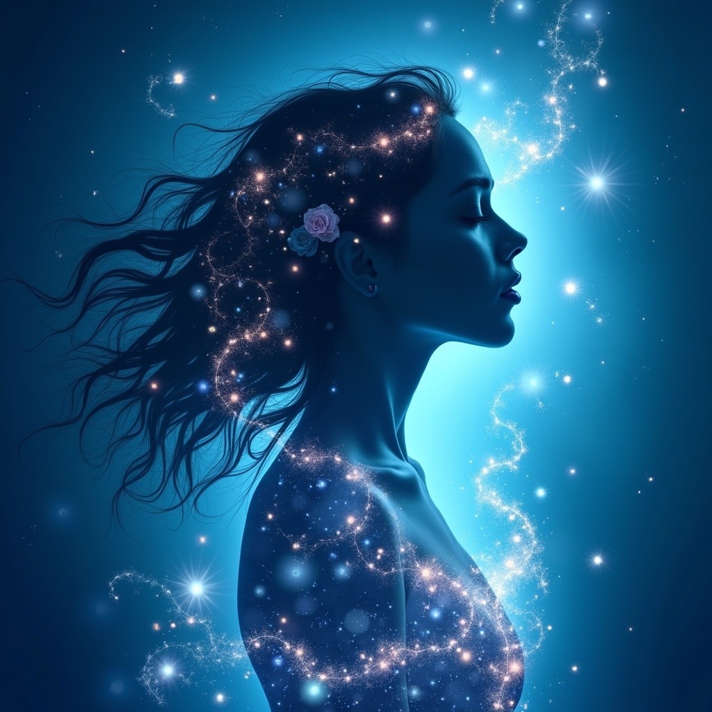 Woman's Silhouette with Cosmic Hair and Flowers