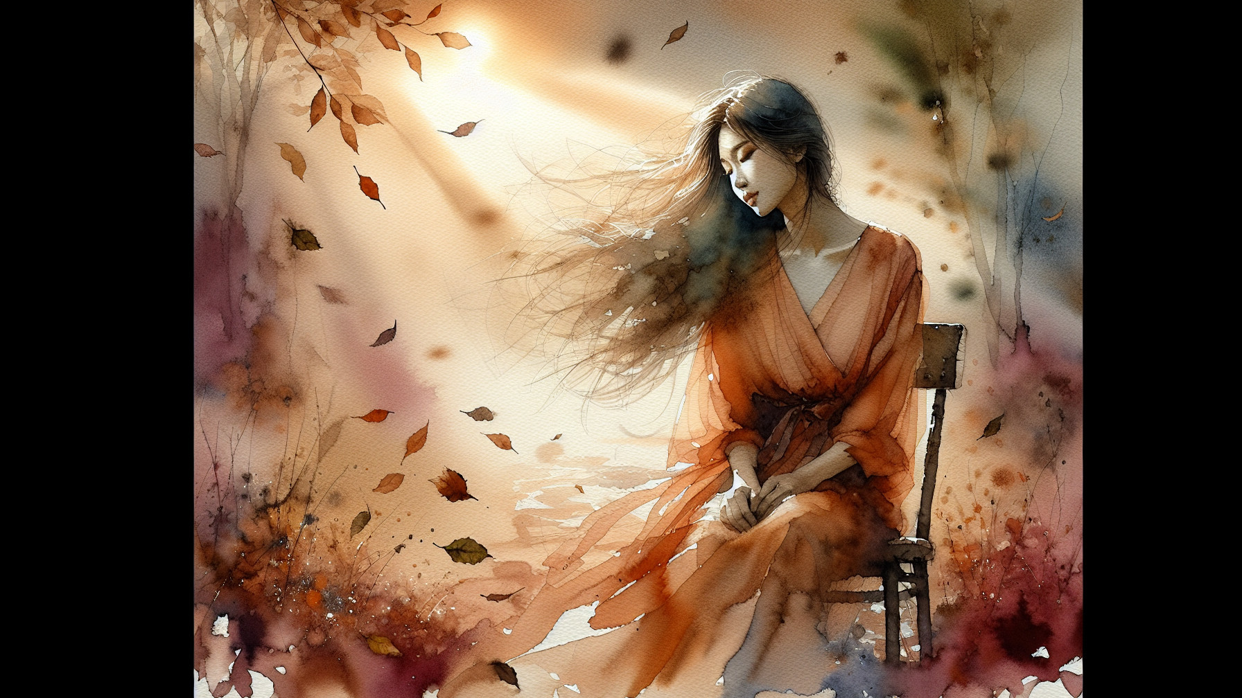 Watercolor Painting of Woman in Orange Robe and Leaves
