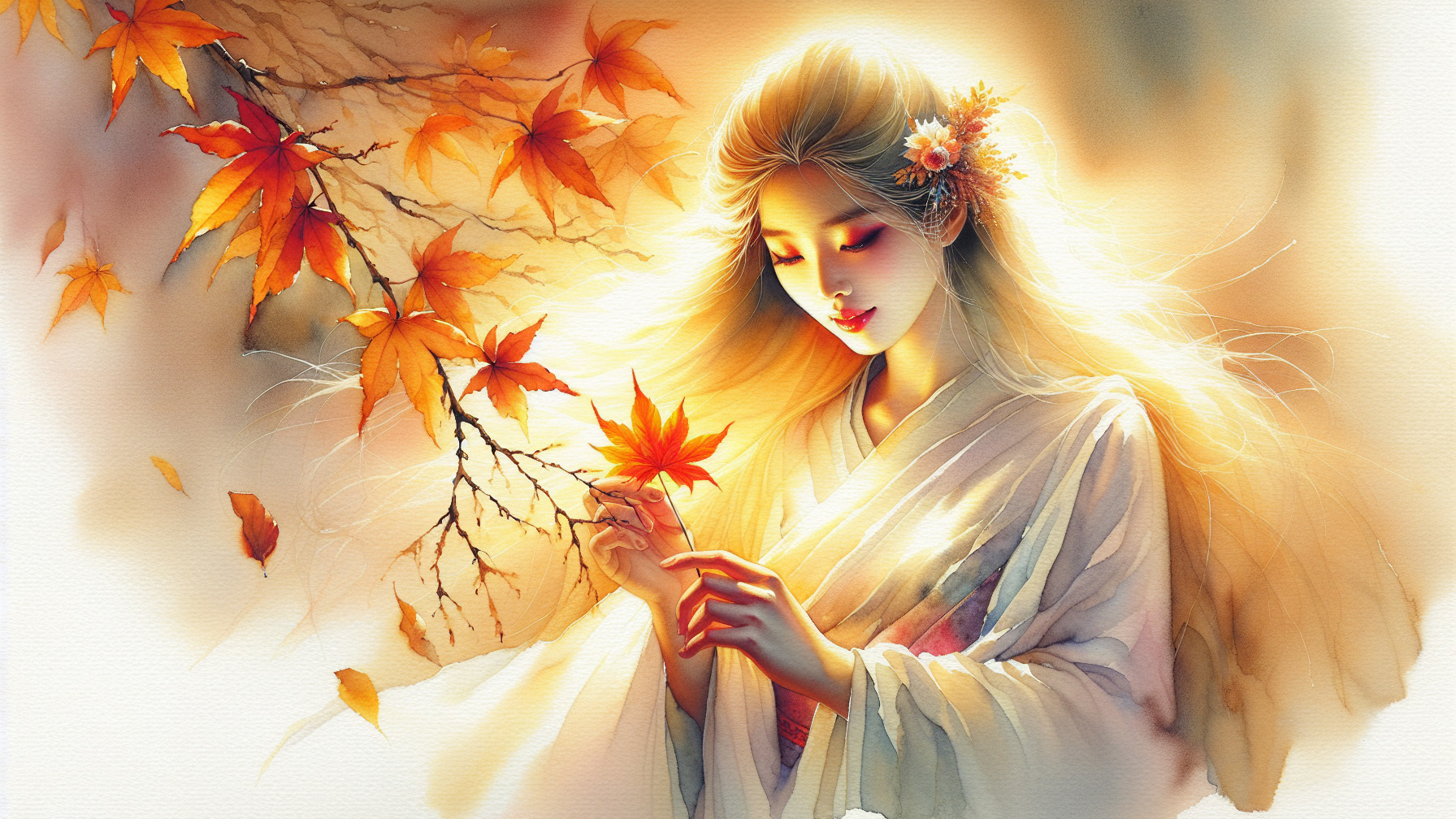 Serene Woman in Traditional Attire with Maple Leaf