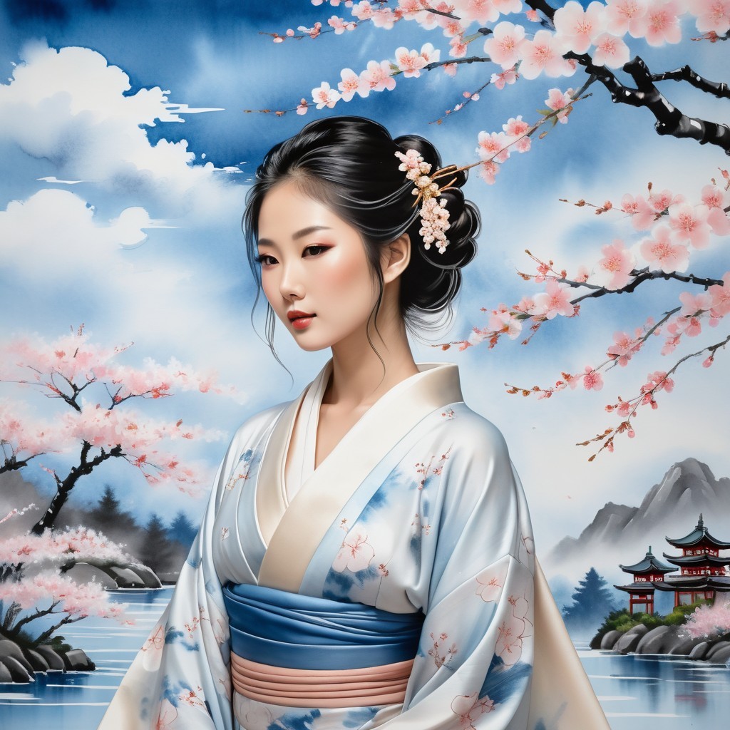 Young Woman in Kimono Amid Cherry Blossoms Landscape
