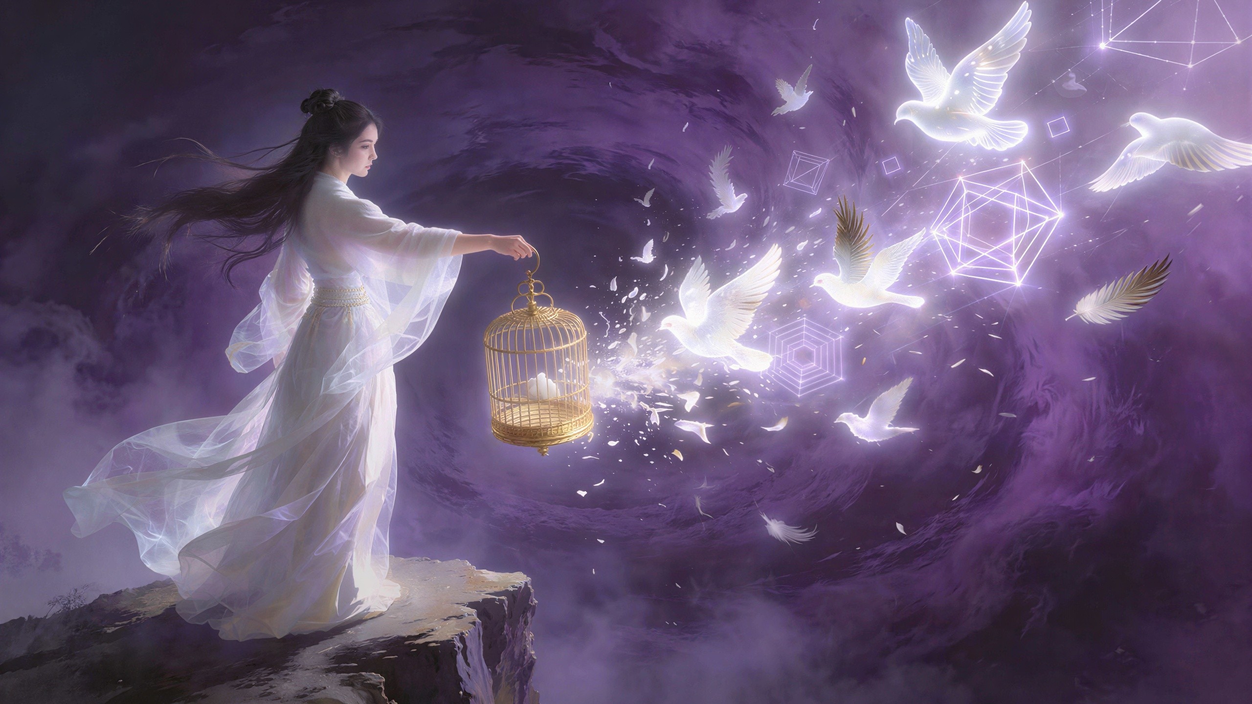 Dramatic Digital Art of Woman Releasing Doves