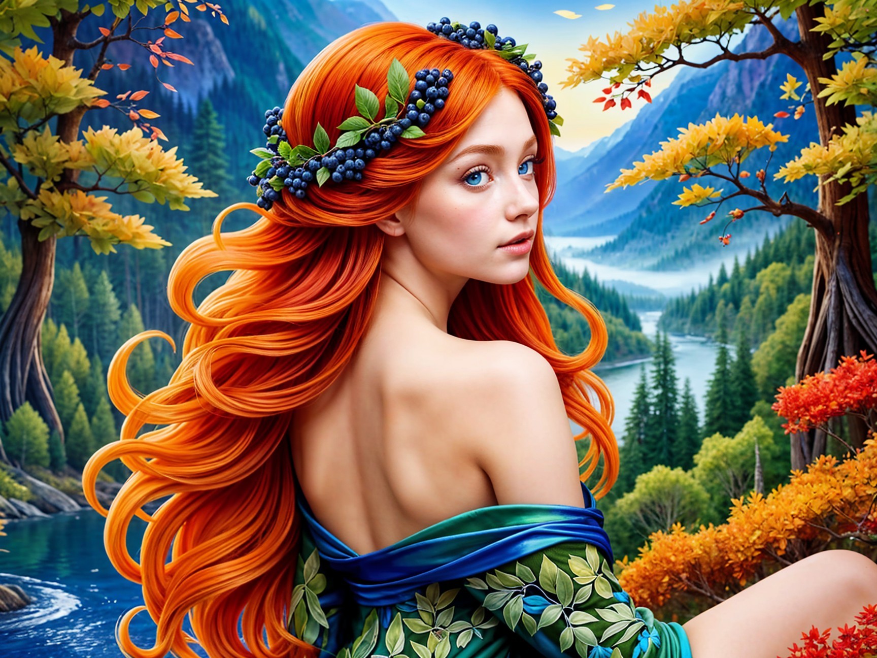 Young woman with orange hair in colorful landscape