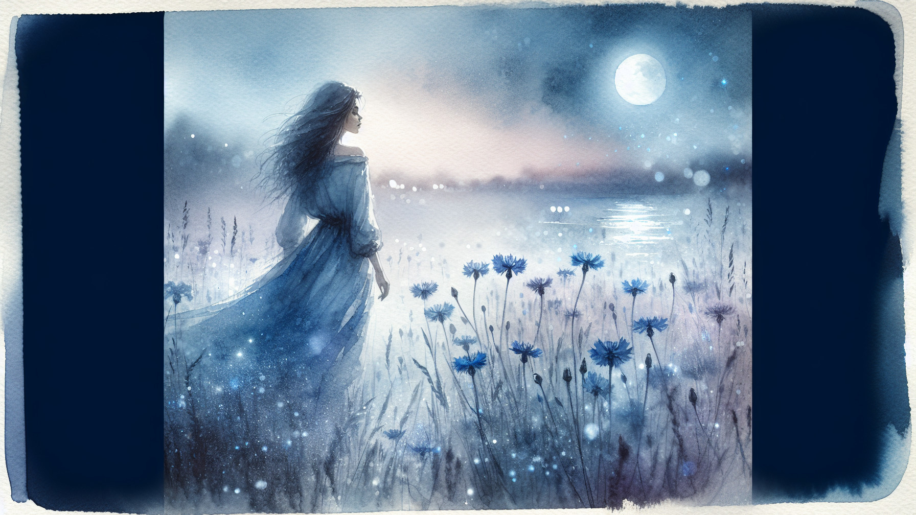 Watercolor Scene of Woman by Tranquil Lake at Dusk