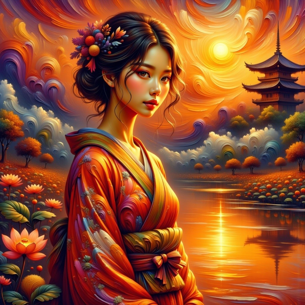 Young Woman in Kimono by Tranquil River at Sunset